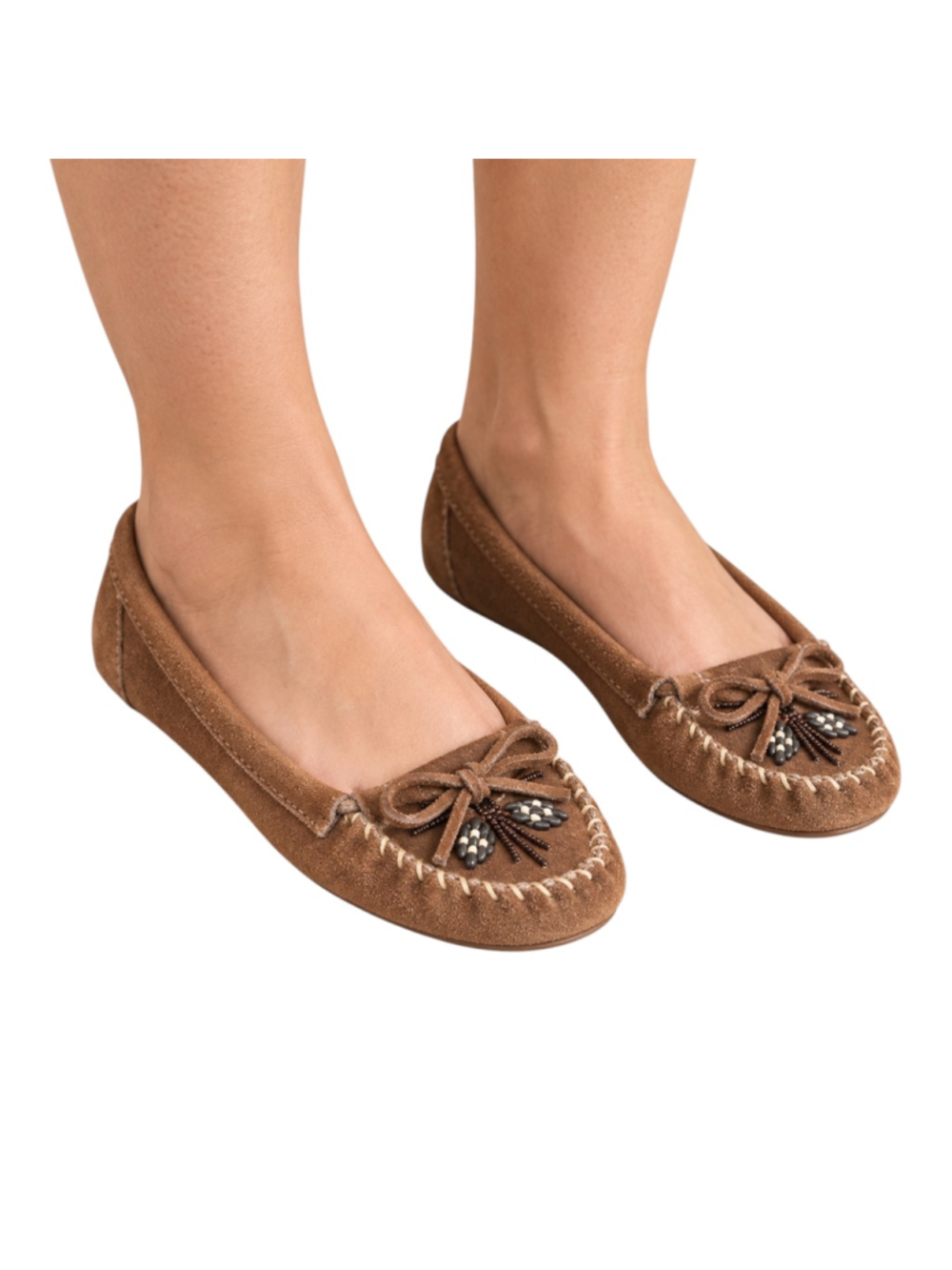 Minnetonka Brown Suede Beaded Moccasin Flats Women’s 9.5
